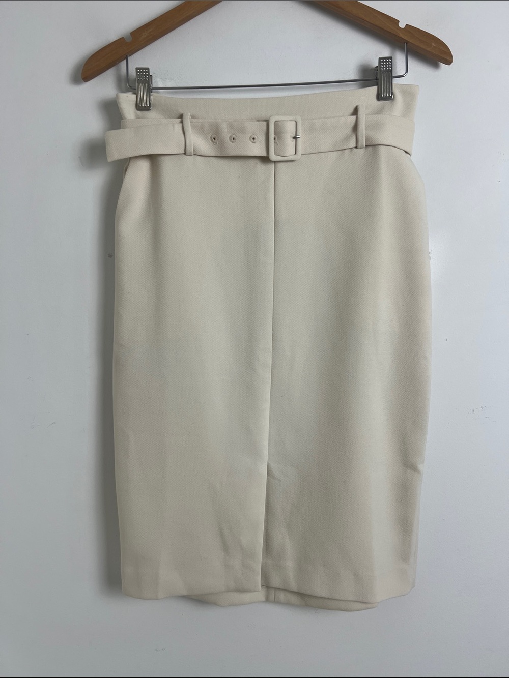 Ann Taylor Factory Sz 4 Classic Cream Belted Pockets Pencil Skirt Career Office